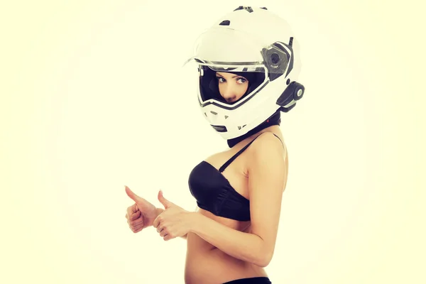 Woman in motorcycle helmet with thumbs up. — Stock Photo, Image