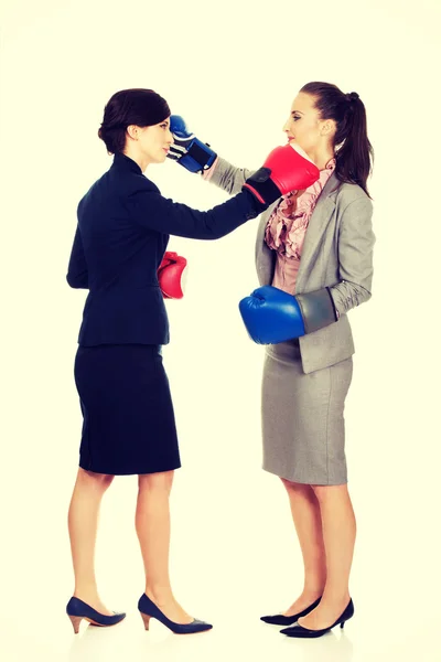 Twee zakelijke vrouwen met bokshandschoenen vechten. — Stockfoto