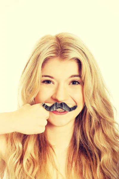 Blonde student with mustache — Stock Photo, Image