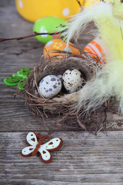 Uova di Pasqua nel nido su uno sfondo di legno — Foto Stock