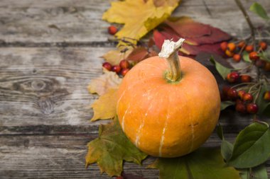 Kabaklar ve ahşap bir masa üzerinde sonbahar yaprakları 