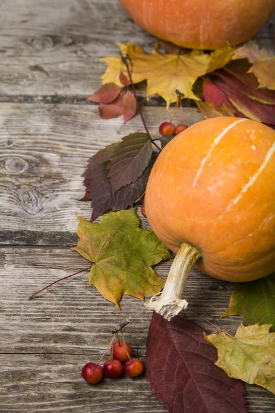 Kabaklar ve ahşap bir masa üzerinde sonbahar yaprakları 