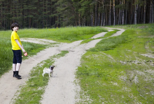 Junge geht mit Hund im Wald spazieren — Stockfoto