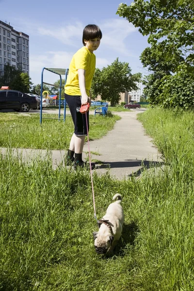 Garçon marchant avec un chien — Photo