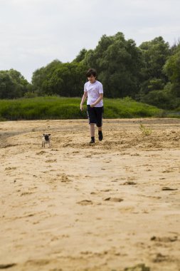 Çocuk ve kumlu bir plaj boyunca çalışan köpek