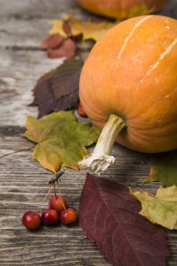 Kabaklar ve sonbahar yaprakları eski ahşap masa 