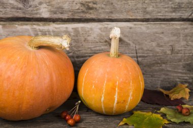 Kabaklar ve sonbahar yaprakları eski ahşap masa 