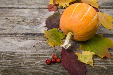 Kabaklar ve sonbahar yaprakları eski ahşap masa 