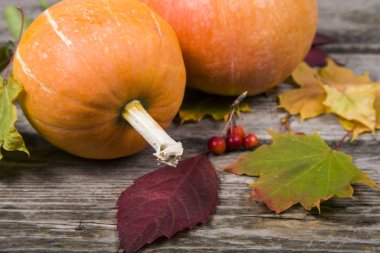 Kabaklar ve sonbahar yaprakları eski ahşap masa 