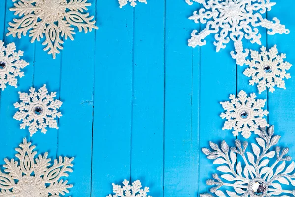 Christmas Snowflakes Blue Wooden Background Beautiful Festive Background Frame — Stock Photo, Image