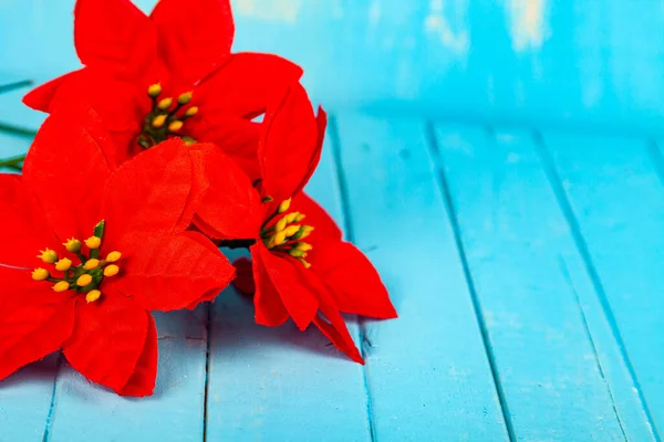 Mavi Ahşap Bir Masada Kırmızı Noktalı Çiçekler Noel Yıldızı — Stok fotoğraf