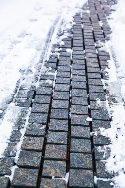 Каменная Дорожка Парке Снегу Крупным Планом Зима Городе — стоковое фото