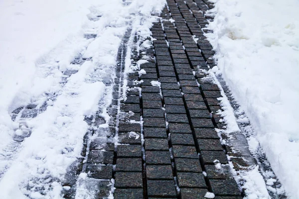 Каменная Дорожка Парке Снегу Крупным Планом Зима Городе — стоковое фото