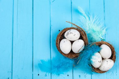Mavi ahşap arka planda yumurtalar ve tüyler. Paskalya 'da hayat.