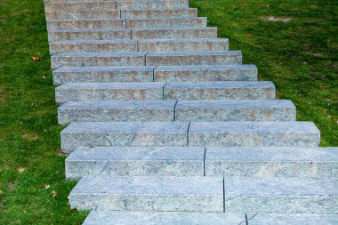 Yeşil çimlerin arasındaki taş merdiven. Parça.