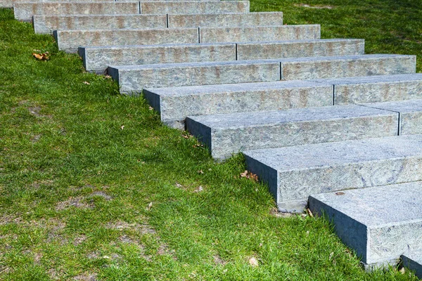 Yeşil çimlerin arasındaki taş merdiven. Parça.