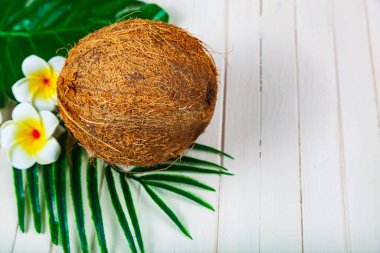 Beyaz ahşap arka planda hindistan cevizi ve palmiye yaprakları.