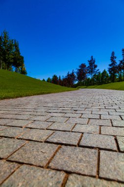 Yazın park et. Yürüme yolu ve yeşil çimenler kapanıyor.