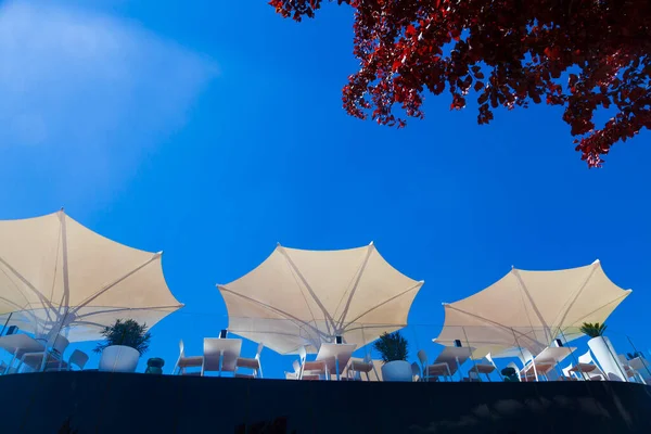 Summer cafe. White umbrellas and tables against the blue sky.