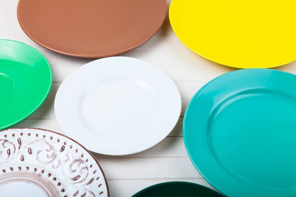 Empty Multicolored Plates Wooden Background Top View — Stock Photo, Image
