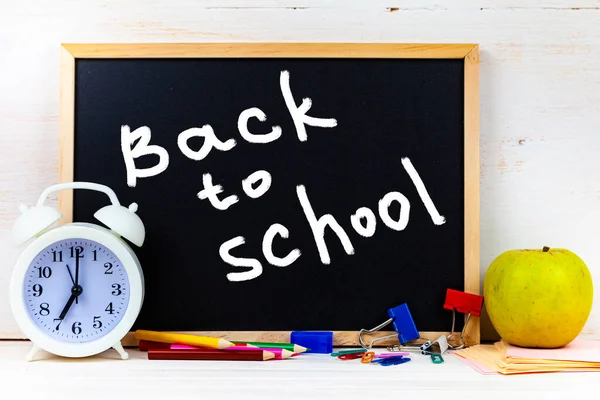 Alarm Clock Chalk Board Wooden Table Back School Stationery — Stock Photo, Image