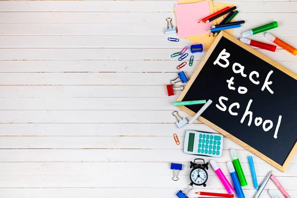 Various School Supplies Wooden Table Back School Stationery — Stock Photo, Image
