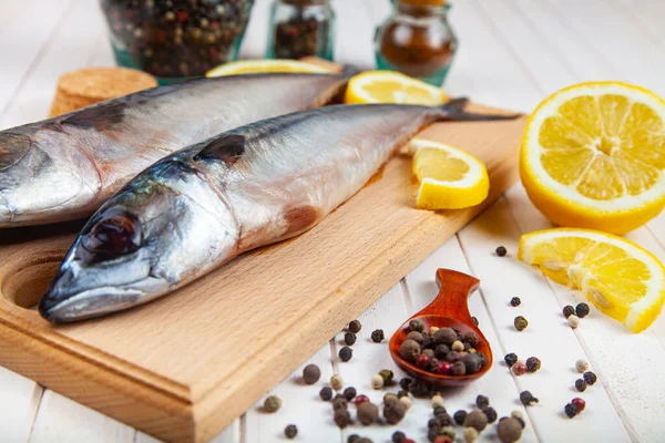 Raw Mackerel Cutting Board Spices Cooking Fish — Stock Photo, Image