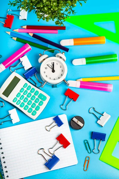 Papelaria Para Escola Escritório Uma Flor Pote Fundo Azul Vista — Fotografia de Stock