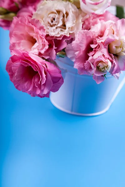 Beautiful Pink Flowers Blue Background Bouquet Eustomas — Stock Photo, Image
