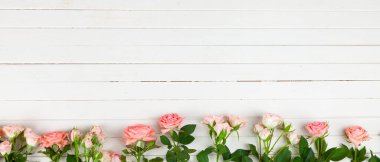 Açık ahşap arka planda pembe güller, metin için yer. Çiçekler sınırda. Bayrak..