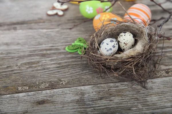 Pâques nature morte avec des œufs dans le nid — Photo