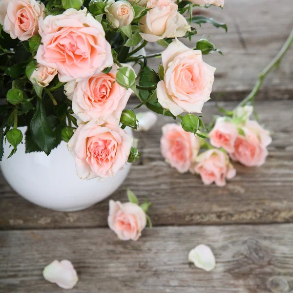 Beautiful pink roses in a white jug — Stock Photo, Image