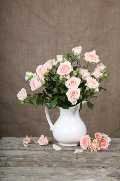 Krásné růžové růže v bílém džbánu — Stock fotografie