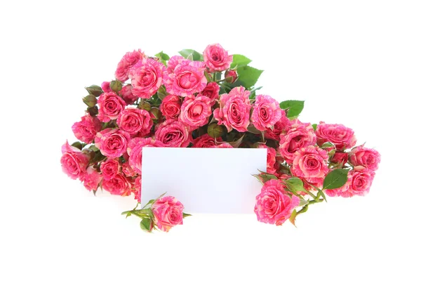 Μπουκέτο με ροζ τριαντάφυλλα και ευχετήρια κάρτα — Φωτογραφία Αρχείου