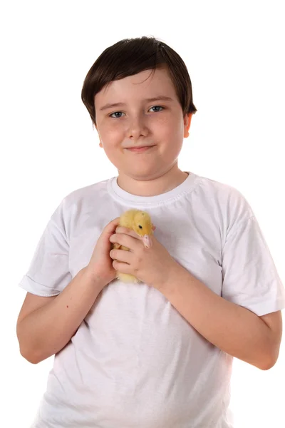 微笑的男孩抱着一只小鸭子 — 图库照片
