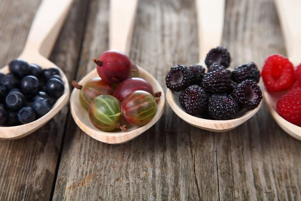 Frutas maduras diferentes em uma colher — Fotografia de Stock