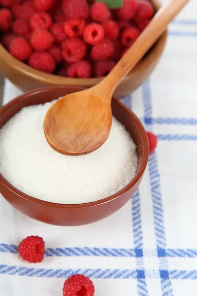 Raspberries in a bowl and sugar. — Stock Photo, Image
