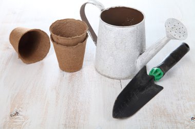 ahşap bir masa üzerinde Bahçe aletleri나무 테이블에 원 예 도구