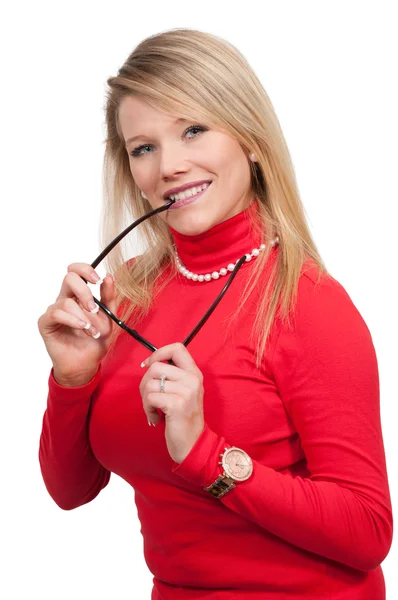 Mujer masticando sus gafas — Foto de Stock