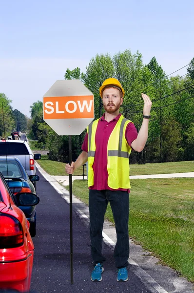 Workman with Stop Sign — Stock Photo, Image