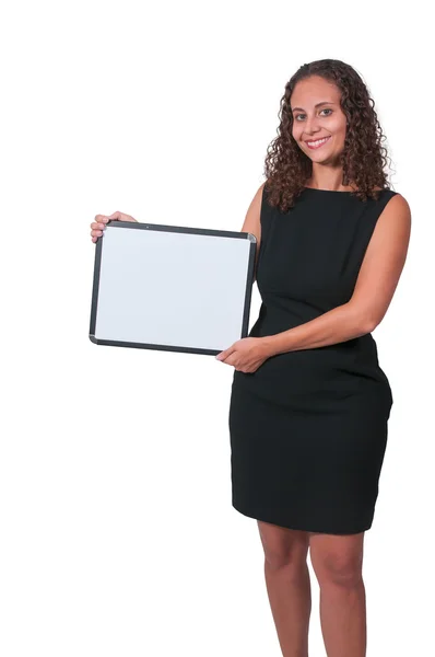 Mujer sosteniendo un signo en blanco —  Fotos de Stock