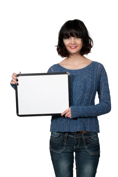 Mujer sosteniendo un signo en blanco —  Fotos de Stock