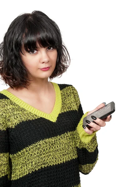 Mujer con pantalla de teléfono agrietada — Foto de Stock