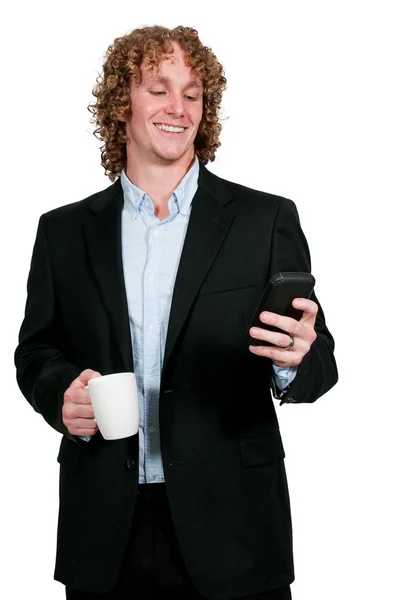 Férfi SMS-ezés kávéval — Stock Fotó
