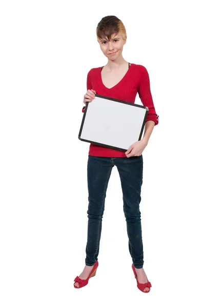 Mujer sosteniendo un signo en blanco —  Fotos de Stock