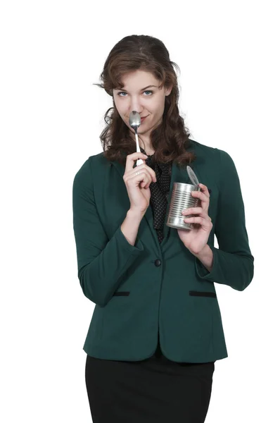 Woman eating from a can — Stock Photo, Image