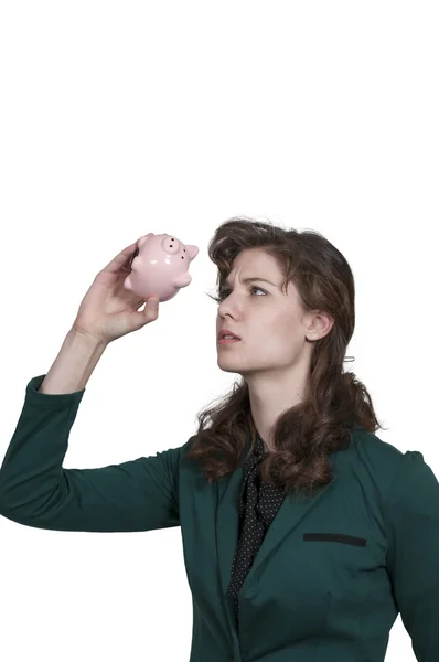 Mulher segurando Piggy Bank — Fotografia de Stock