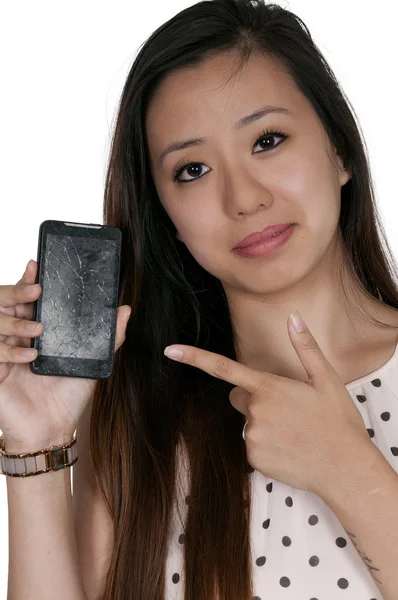 含裂纹的手机屏幕的女人 — 图库照片