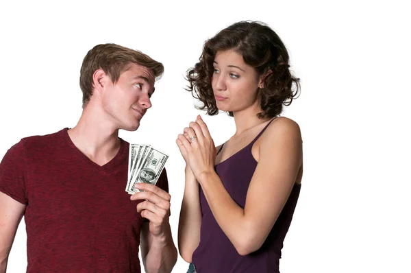 Woman asking for money from a man — Stock Photo, Image