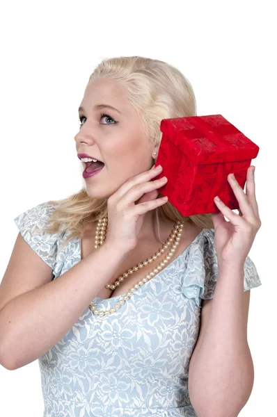 Beautiful Woman Shaking Gift — Stock Photo, Image